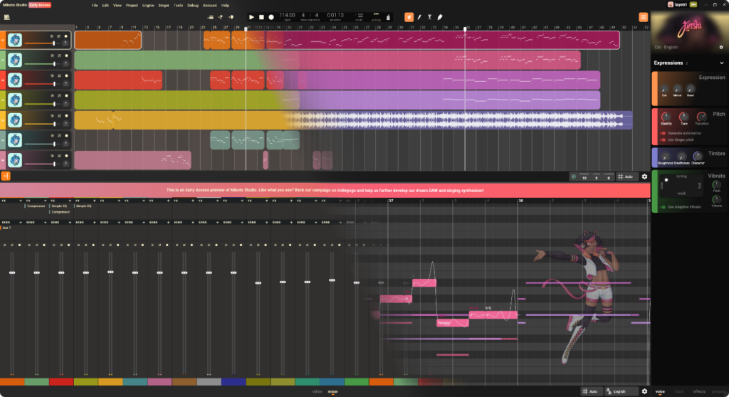 A screenshot of Mikoto Studio, showcasing the mixing and editing workflows.